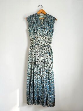 Vintage 60s Blue Brown Floral Dress Taffeta